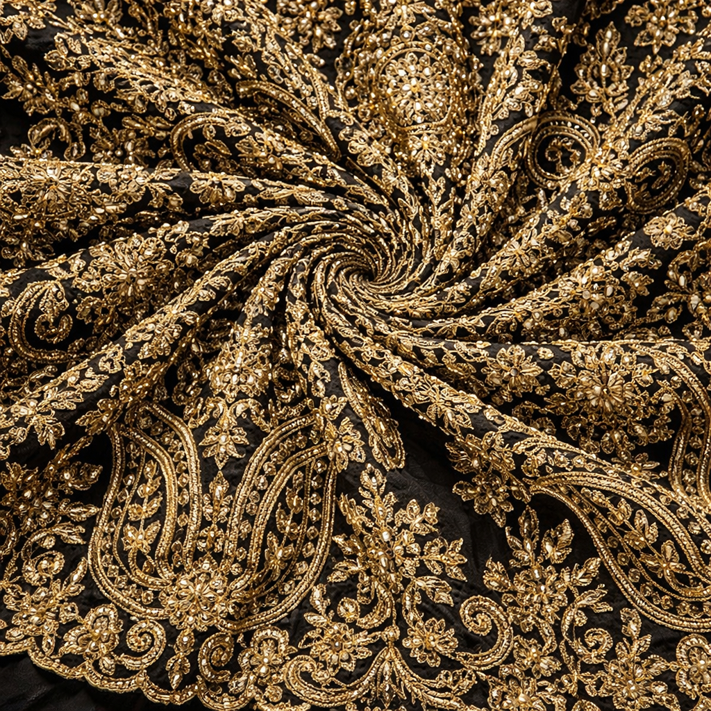 Black and Gold Embroidered Sequin Net Lace Fabric